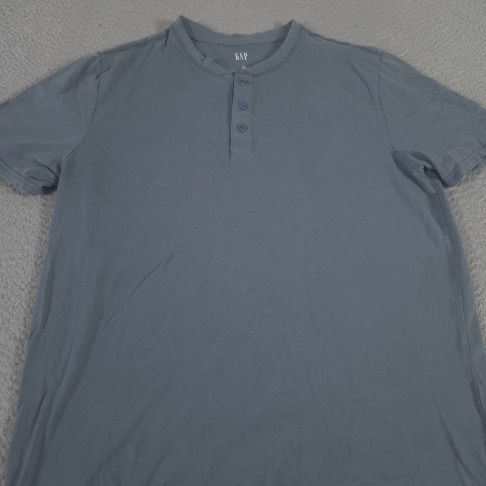 Gap Shirt Mens Large Blue Henley Short Sleeve Cotton Solid Three Button Basic